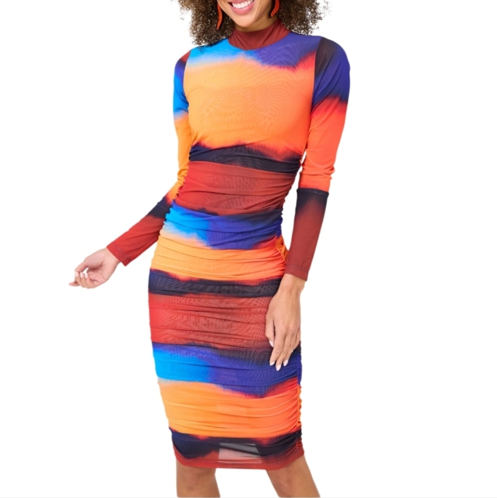 NEW! TEREZ Multicolor Long Sleeve Mock Neckline Bodycon Dress XS.